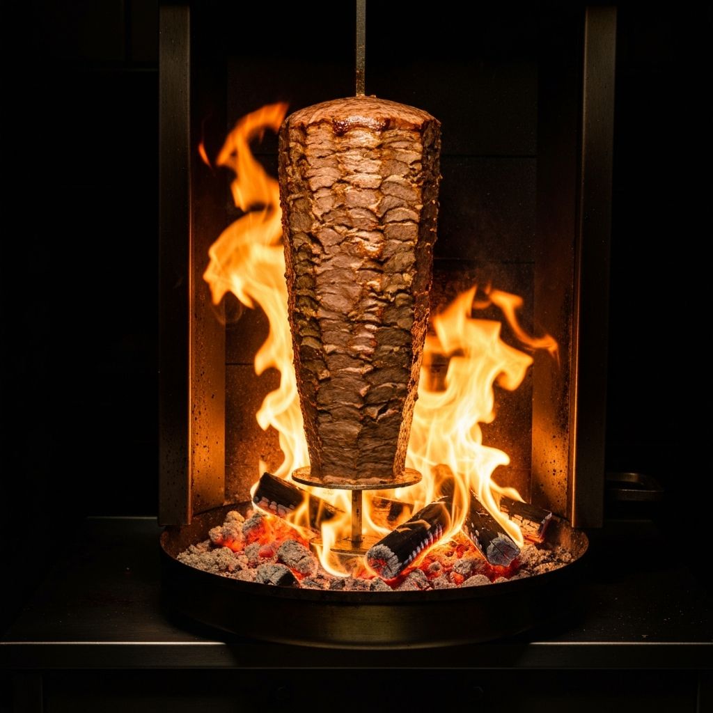 Dönerspieß am Grill mit Flammen
